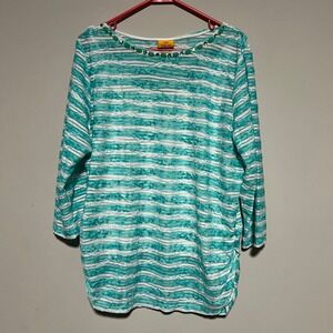Ruby Rd Womens Top XL Blue White Striped Beaded Neck 3/4 Sleeve Tunic Layered